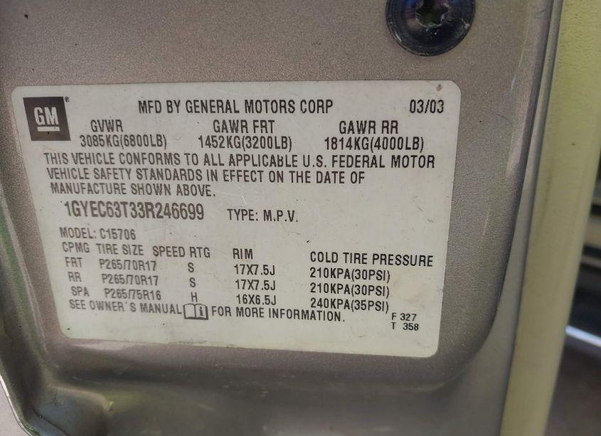 Photo 9 of 2003 Cadillac Escalade STANDARD (VIN 1GYEC63T33R246699)