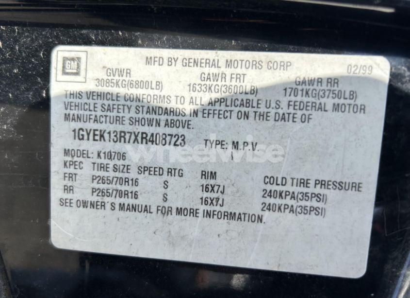 Photo 9 of 1999 Cadillac Escalade STANDARD (VIN 1GYEK13R7XR408723)