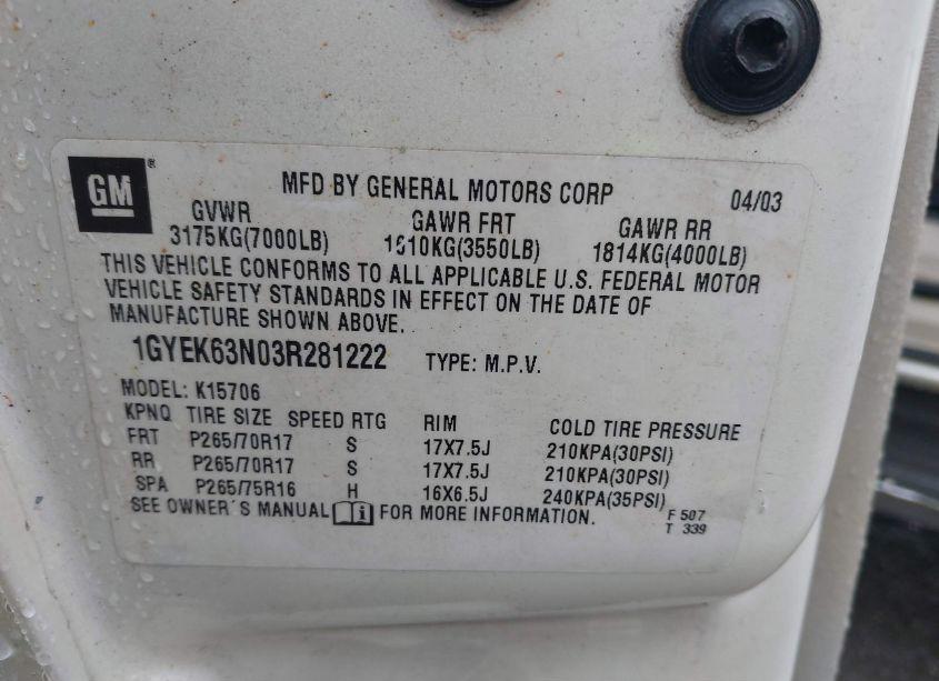 Photo 9 of 2003 Cadillac Escalade STANDARD (VIN 1GYEK63N03R281222)