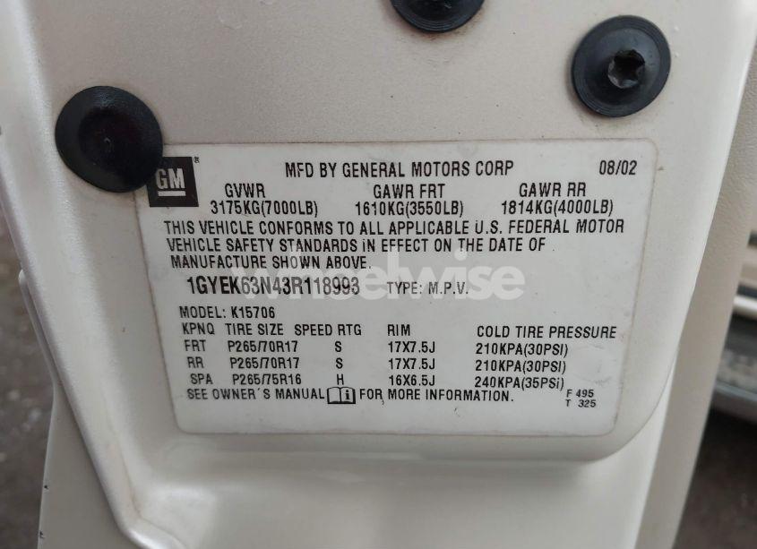 Photo 9 of 2003 Cadillac Escalade STANDARD (VIN 1GYEK63N43R118993)