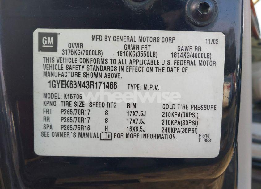 Photo 9 of 2003 Cadillac Escalade STANDARD (VIN 1GYEK63N43R171466)