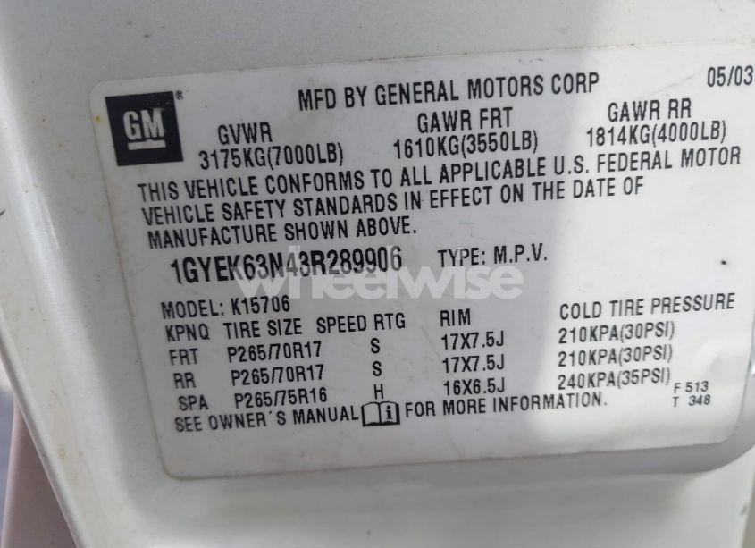 Photo 9 of 2003 Cadillac Escalade STANDARD (VIN 1GYEK63N43R289906)