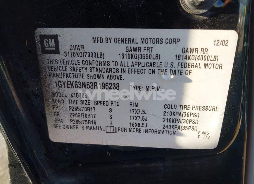 Photo 9 of 2003 Cadillac Escalade STANDARD (VIN 1GYEK63N63R196238)