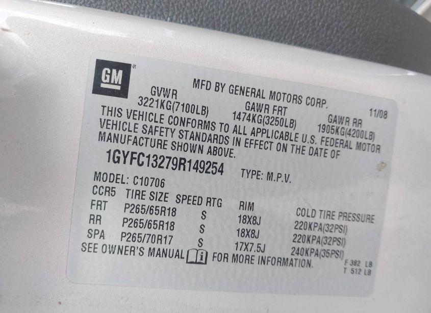 Photo 9 of 2009 Cadillac Escalade STANDARD (VIN 1GYFC13279R149254)