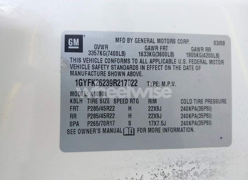 Photo 9 of 2009 Cadillac Escalade ESV STANDARD (VIN 1GYFK26239R217022)