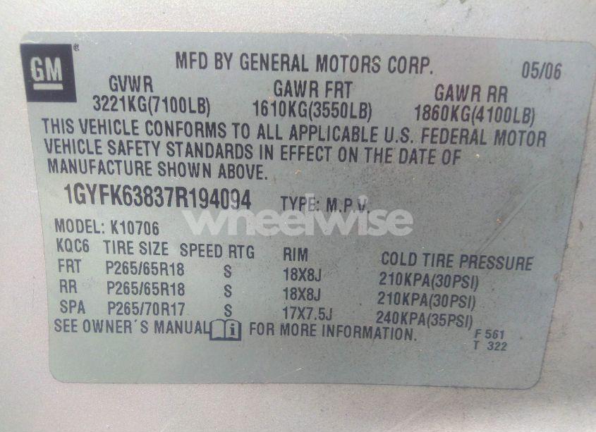 Photo 9 of 2007 Cadillac Escalade STANDARD (VIN 1GYFK63837R194094)