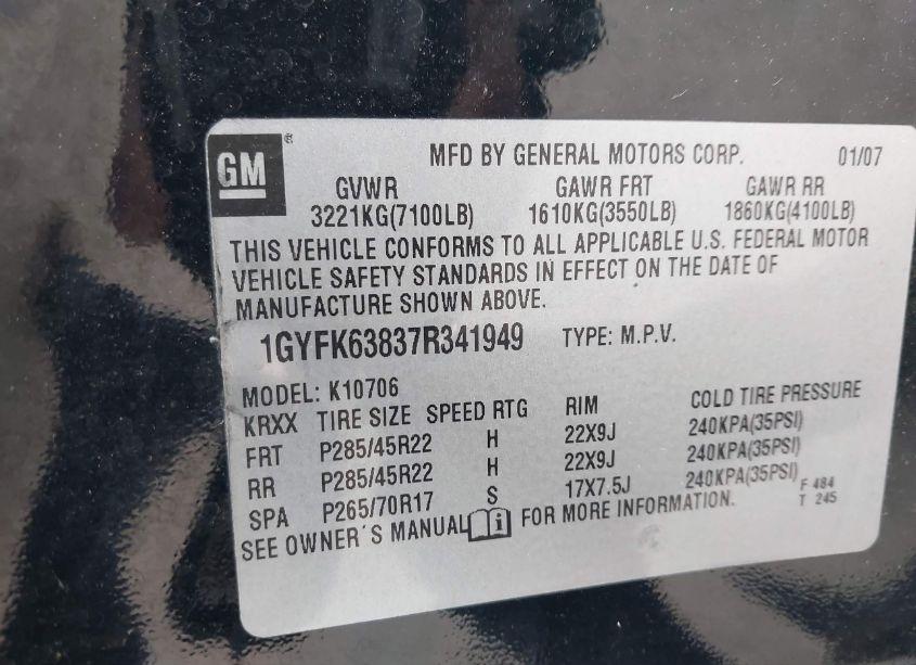 Photo 9 of 2007 Cadillac Escalade STANDARD (VIN 1GYFK63837R341949)