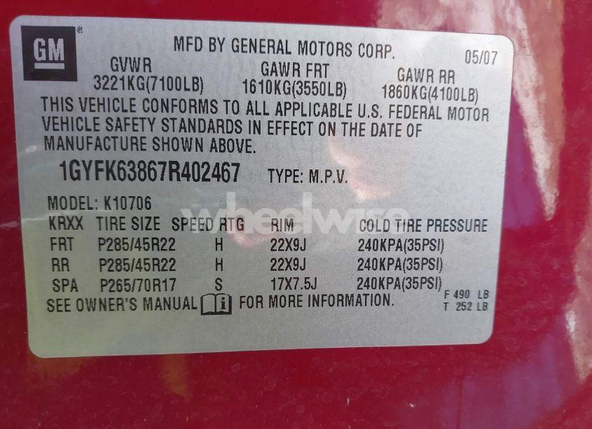 Photo 9 of 2007 Cadillac Escalade STANDARD (VIN 1GYFK63867R402467)
