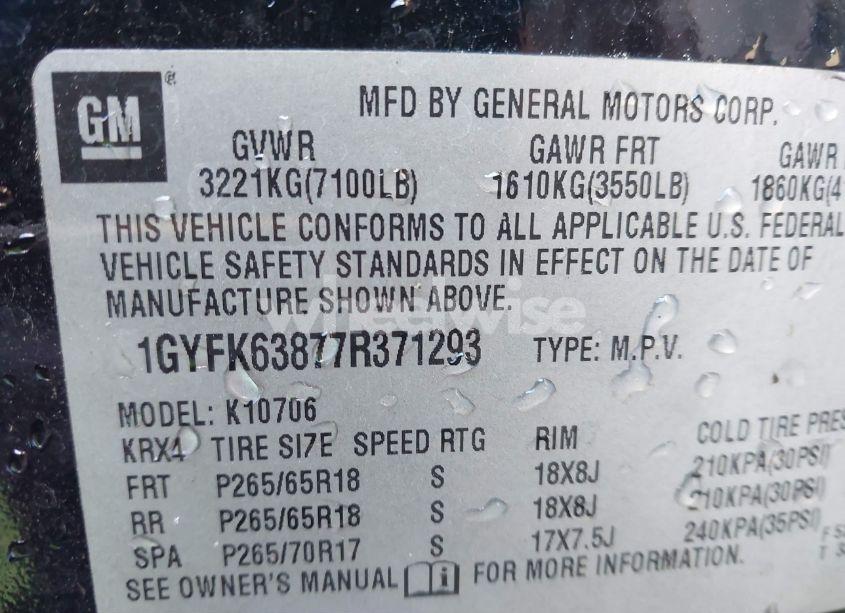 Photo 9 of 2007 Cadillac Escalade STANDARD (VIN 1GYFK63877R371293)