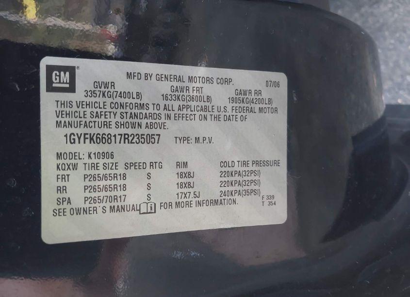 Photo 9 of 2007 Cadillac Escalade ESV STANDARD (VIN 1GYFK66817R235057)