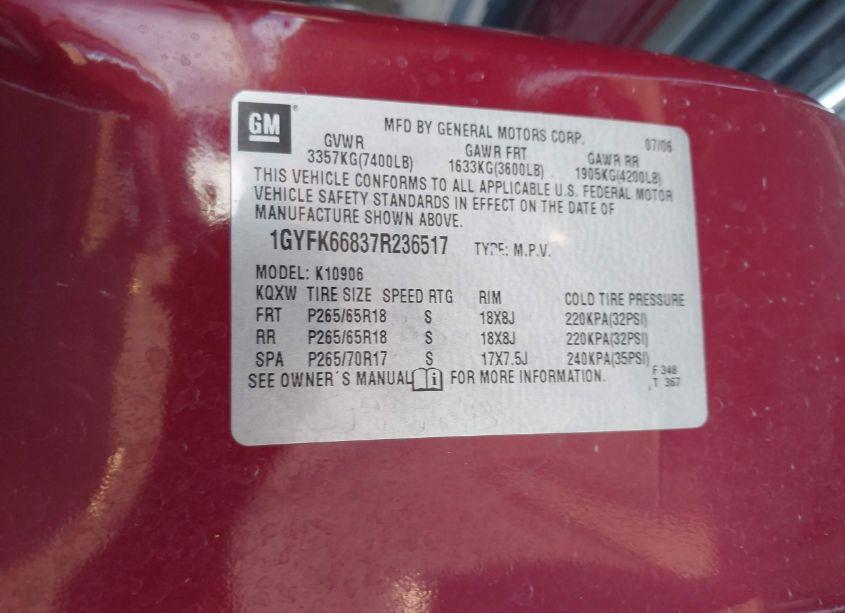 Photo 9 of 2007 Cadillac Escalade ESV STANDARD (VIN 1GYFK66837R236517)