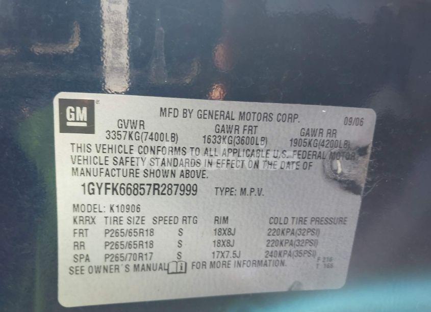 Photo 9 of 2007 Cadillac Escalade ESV STANDARD (VIN 1GYFK66857R287999)