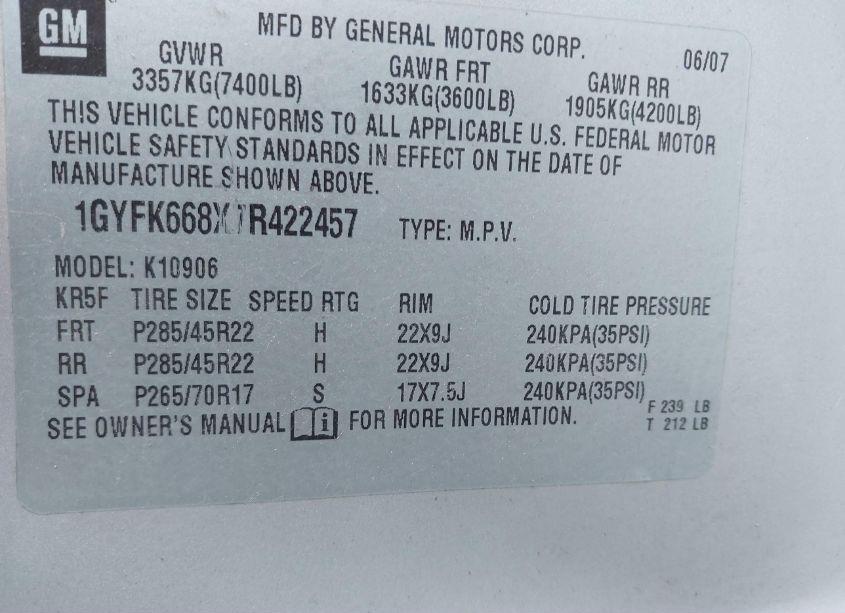 Photo 9 of 2007 Cadillac Escalade ESV STANDARD (VIN 1GYFK668X7R422457)