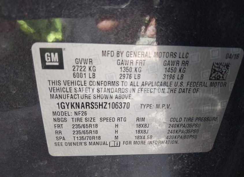 Photo 9 of 2017 Cadillac Xt5 STANDARD (VIN 1GYKNARS5HZ106370)