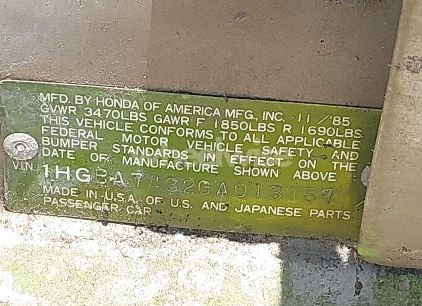 Photo 9 of 1986 Honda Accord LX (VIN 1HGBA7432GA013759)