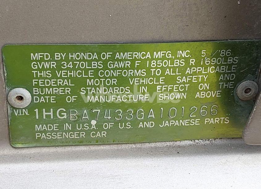 Photo 9 of 1986 Honda Accord LX (VIN 1HGBA7433GA101266)