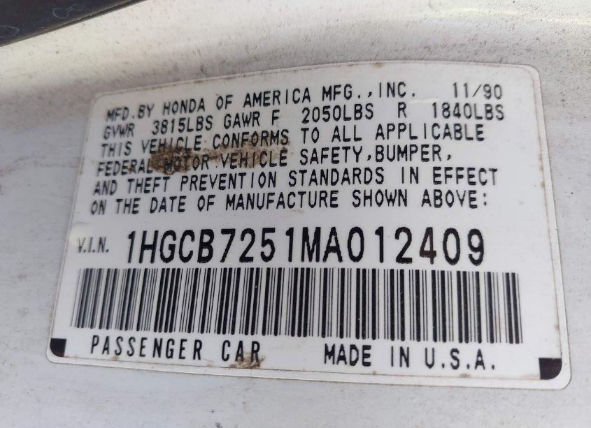 Photo 9 of 1991 Honda Accord LX (VIN 1HGCB7251MA012409)