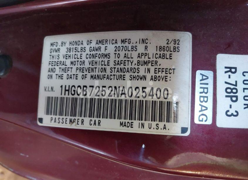 Photo 9 of 1992 Honda Accord LX (VIN 1HGCB7252NA025400)