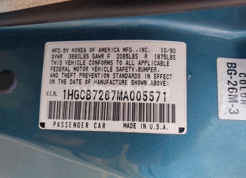 Photo 9 of 1991 Honda Accord EX/EX-R (VIN 1HGCB7267MA005571)