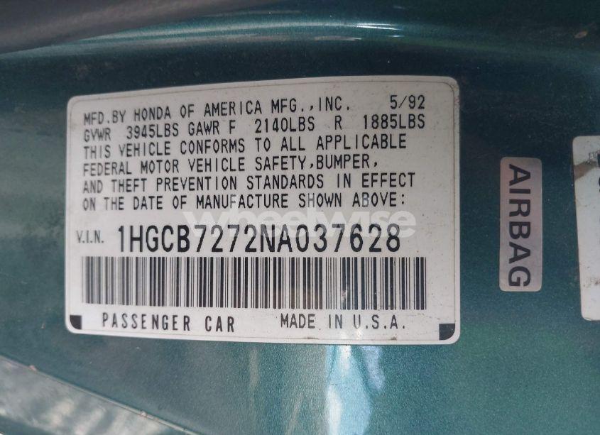 Photo 9 of 1992 Honda Accord EX (VIN 1HGCB7272NA037628)