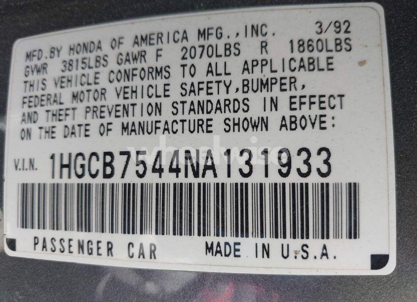 Photo 9 of 1992 Honda Accord DX (VIN 1HGCB7544NA131933)