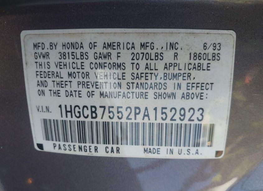 Photo 9 of 1993 Honda Accord LX (VIN 1HGCB7552PA152923)