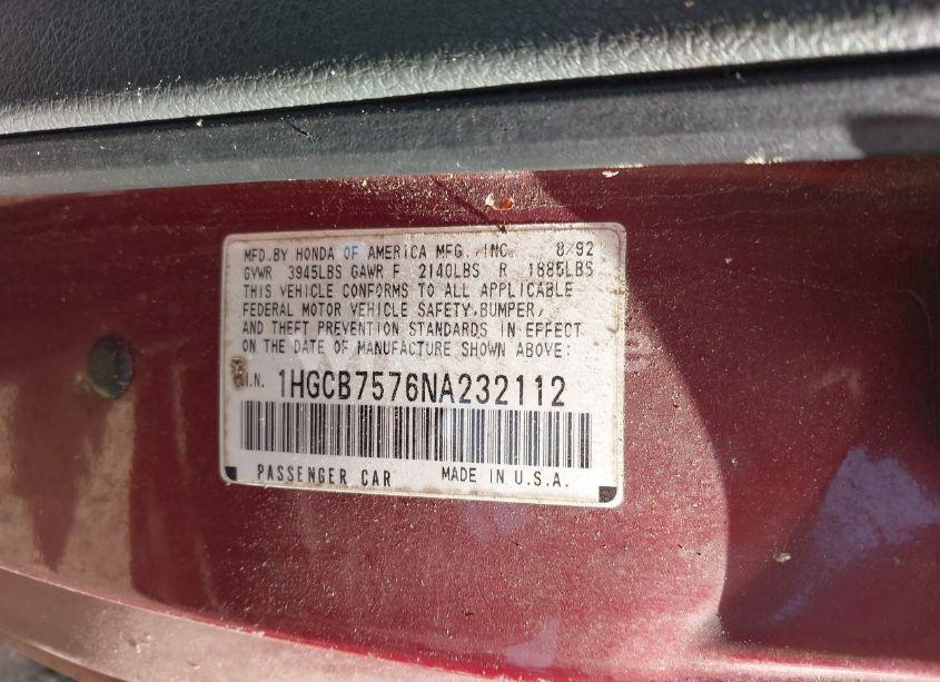 Photo 9 of 1992 Honda Accord EX (VIN 1HGCB7576NA232112)