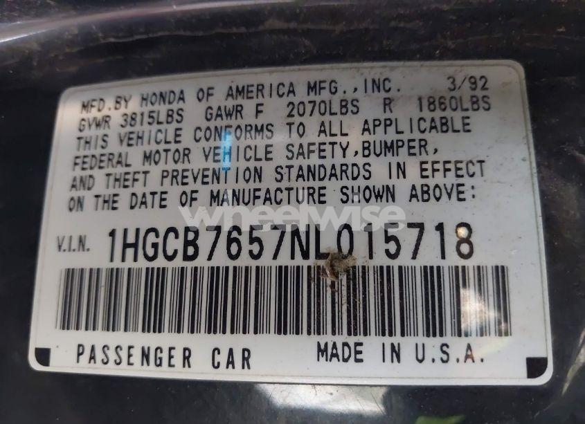 Photo 9 of 1992 Honda Accord LX (VIN 1HGCB7657NL015718)