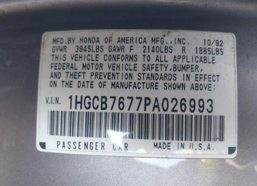 Photo 9 of 1993 Honda Accord EX (VIN 1HGCB7677PA026993)