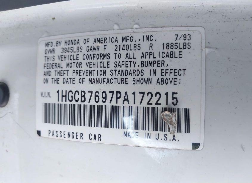 Photo 9 of 1993 Honda Accord 10TH ANNIVERSARY (VIN 1HGCB7697PA172215)