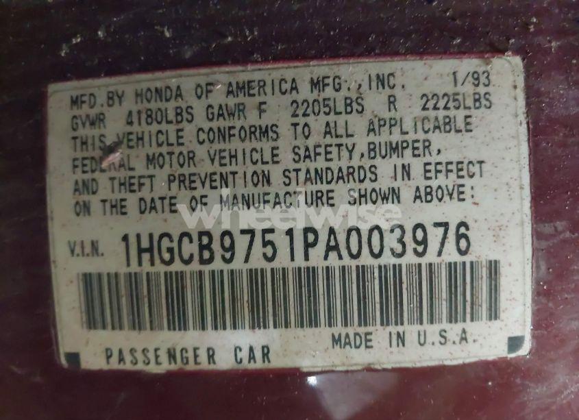 Photo 9 of 1993 Honda Accord LX (VIN 1HGCB9751PA003976)