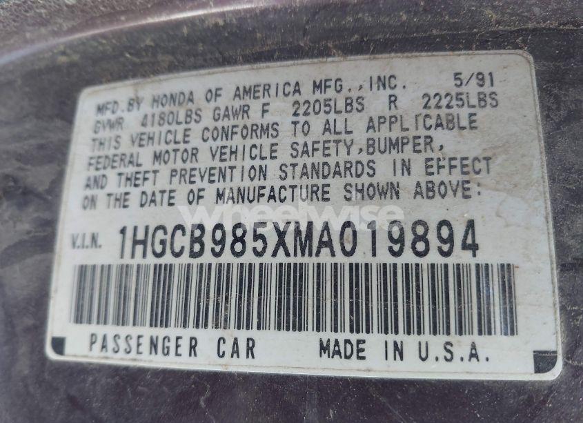 Photo 9 of 1991 Honda Accord LX (VIN 1HGCB985XMA019894)