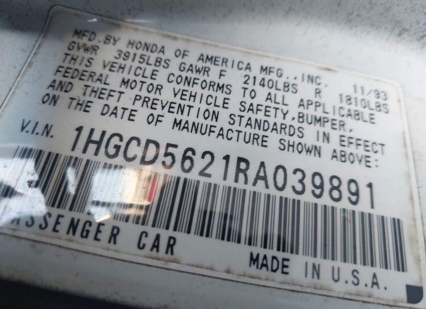 Photo 9 of 1994 Honda Accord DX (VIN 1HGCD5621RA039891)