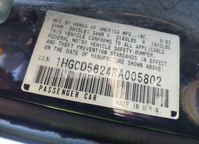 Photo 9 of 1994 Honda Accord DX (VIN 1HGCD5624RA005802)
