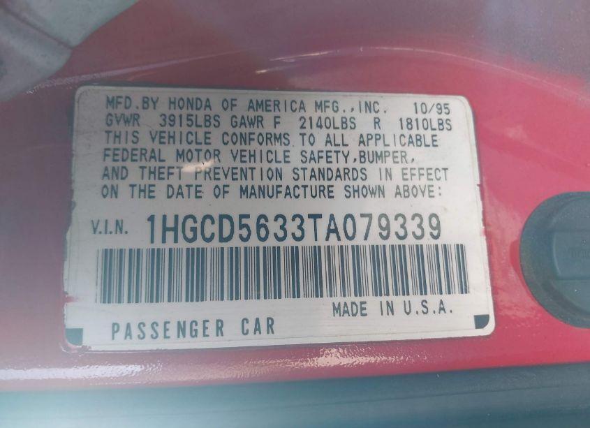 Photo 9 of 1996 Honda Accord LX/EX (VIN 1HGCD5633TA079339)