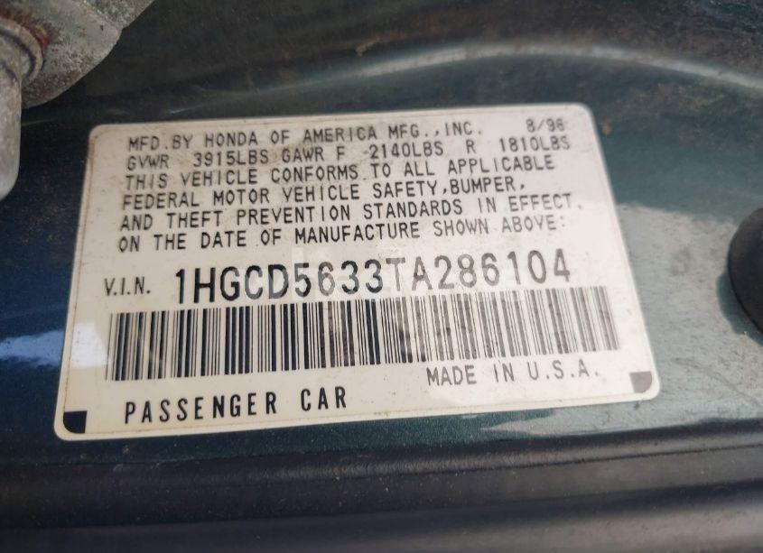 Photo 9 of 1996 Honda Accord LX/EX (VIN 1HGCD5633TA286104)