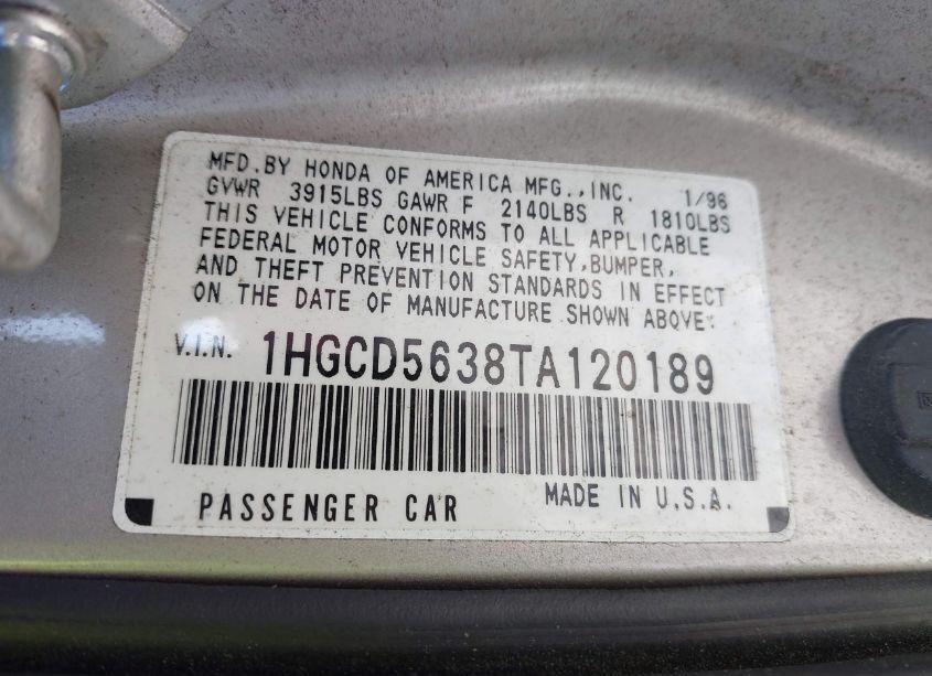 Photo 9 of 1996 Honda Accord LX/EX (VIN 1HGCD5638TA120189)