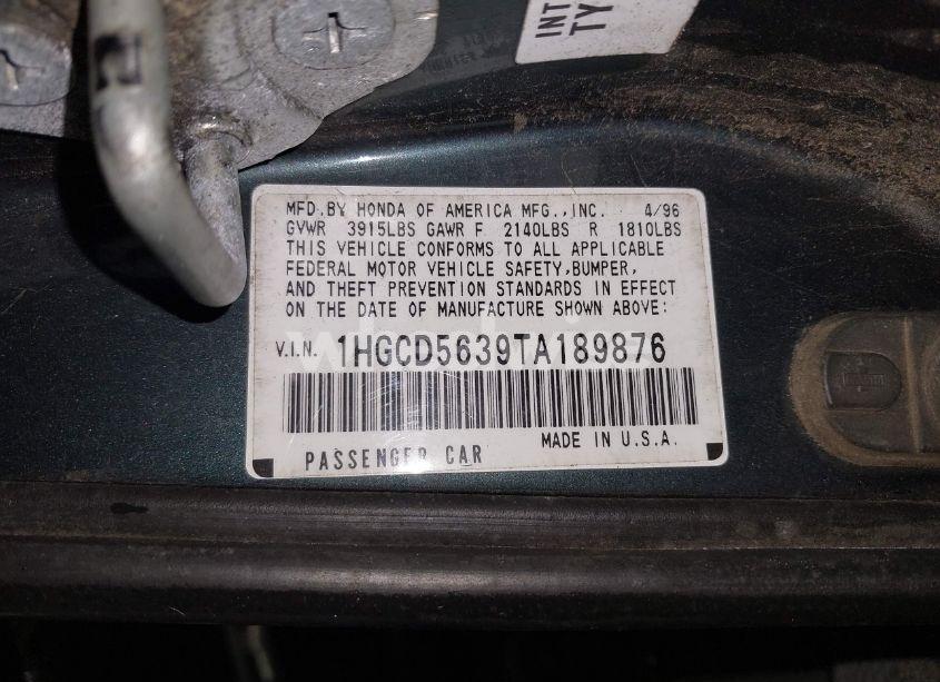 Photo 9 of 1996 Honda Accord LX/EX (VIN 1HGCD5639TA189876)