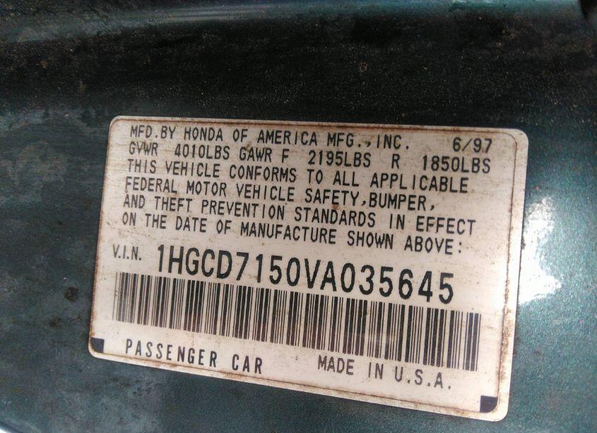 Photo 9 of 1997 Honda Accord CPE EX (VIN 1HGCD7150VA035645)