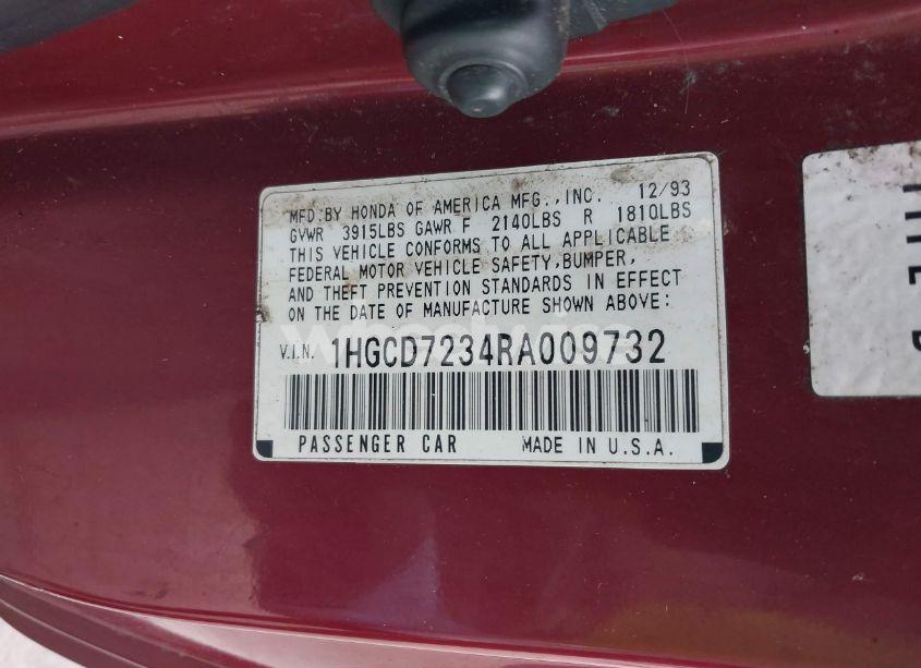 Photo 9 of 1994 Honda Accord LX (VIN 1HGCD7234RA009732)