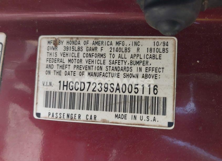 Photo 9 of 1995 Honda Accord LX (VIN 1HGCD7239SA005116)