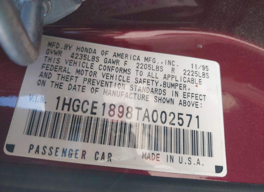 Photo 9 of 1996 Honda Accord EX (VIN 1HGCE1898TA002571)