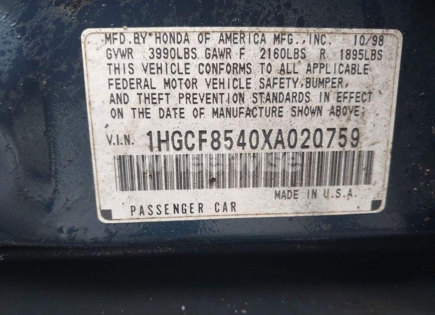 Photo 9 of 1999 Honda Accord DX (VIN 1HGCF8540XA020759)