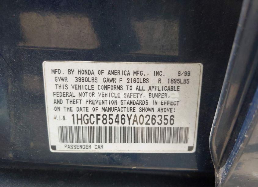 Photo 9 of 2000 Honda Accord 2.3 DX (VIN 1HGCF8546YA026356)