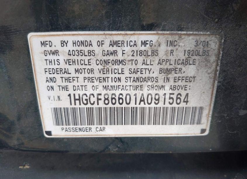 Photo 9 of 2001 Honda Accord VALUE PACKAGE (VIN 1HGCF86601A091564)