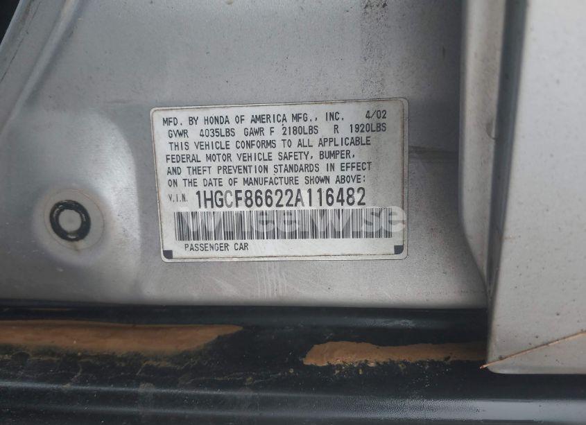 Photo 9 of 2002 Honda Accord 2.3 VP (VIN 1HGCF86622A116482)