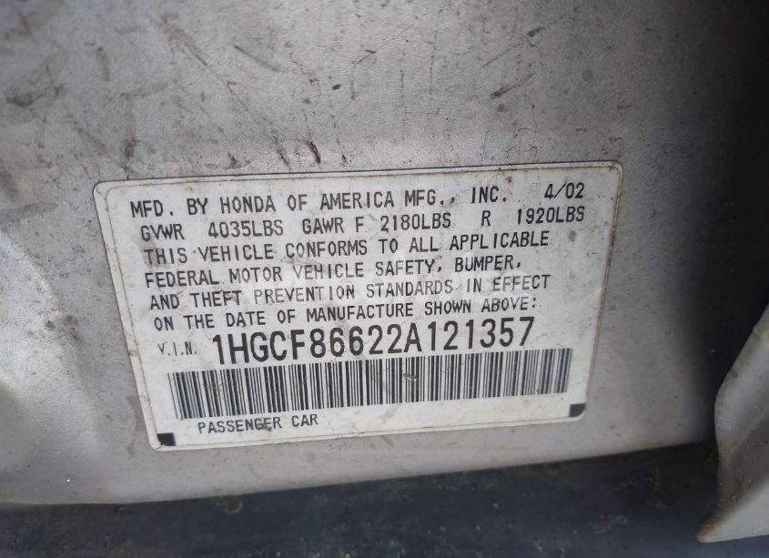 Photo 9 of 2002 Honda Accord 2.3 VP (VIN 1HGCF86622A121357)