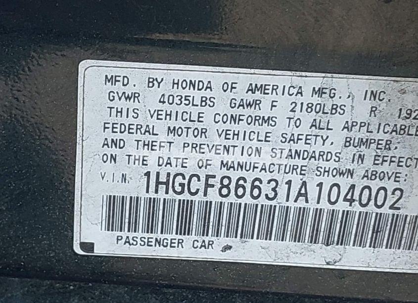 Photo 9 of 2001 Honda Accord VALUE PACKAGE (VIN 1HGCF86631A104002)