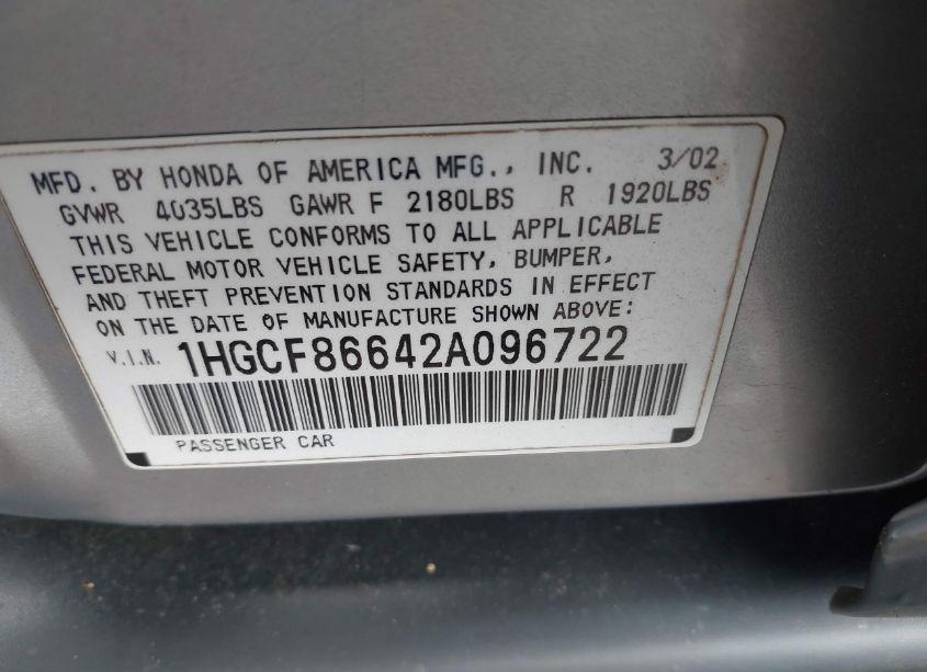 Photo 9 of 2002 Honda Accord 2.3 VP (VIN 1HGCF86642A096722)