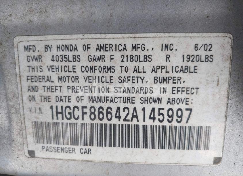 Photo 9 of 2002 Honda Accord SDN 2.3 VP/VP (VIN 1HGCF86642A145997)